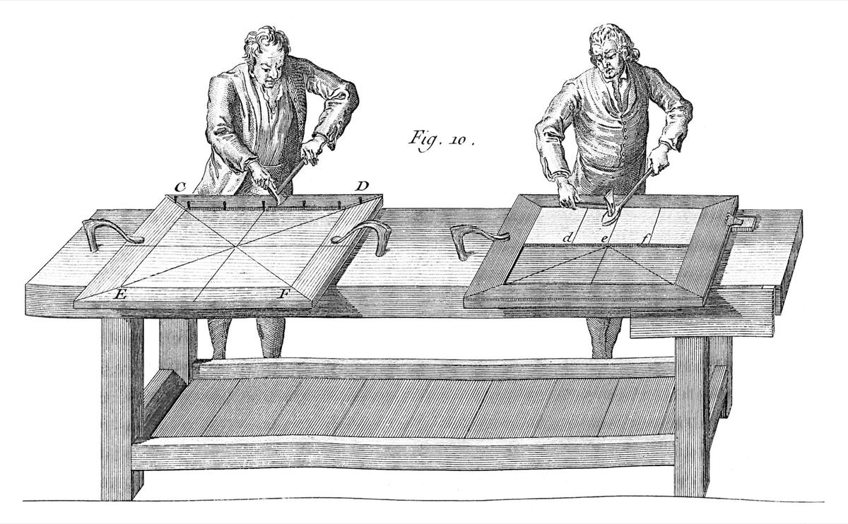Gravure van twee schrijnwerkers die fineer op panelen leggen op een werkbank